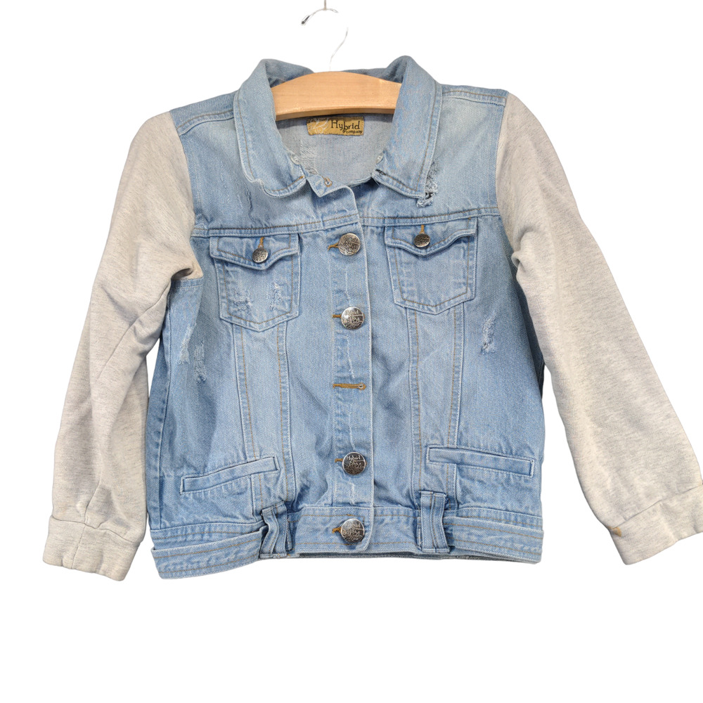 Hybrid & Company Women's Jean Jacket Blue Large Button Front Cotton Distressed